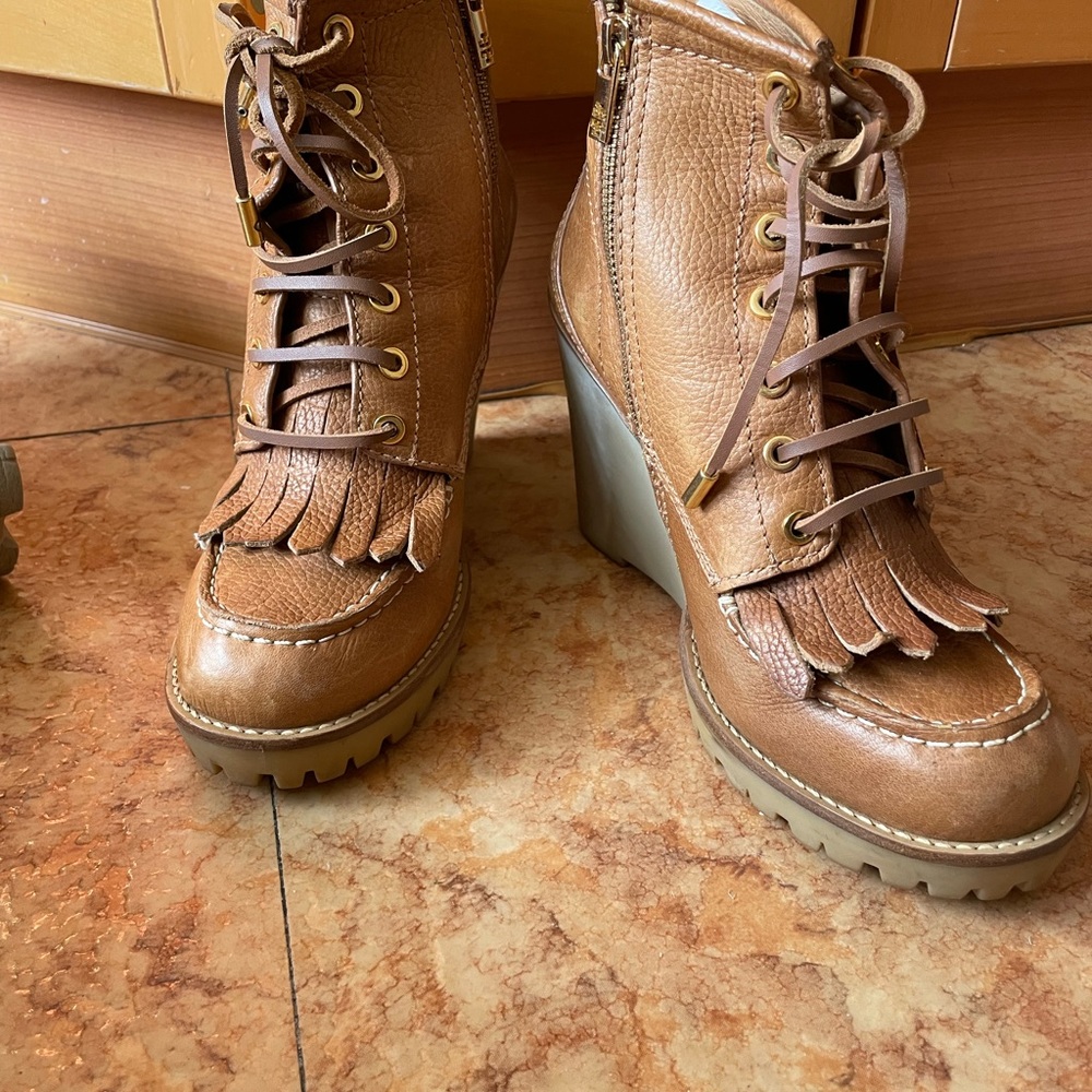 Tory Burch wedge lace up leather ankle boots